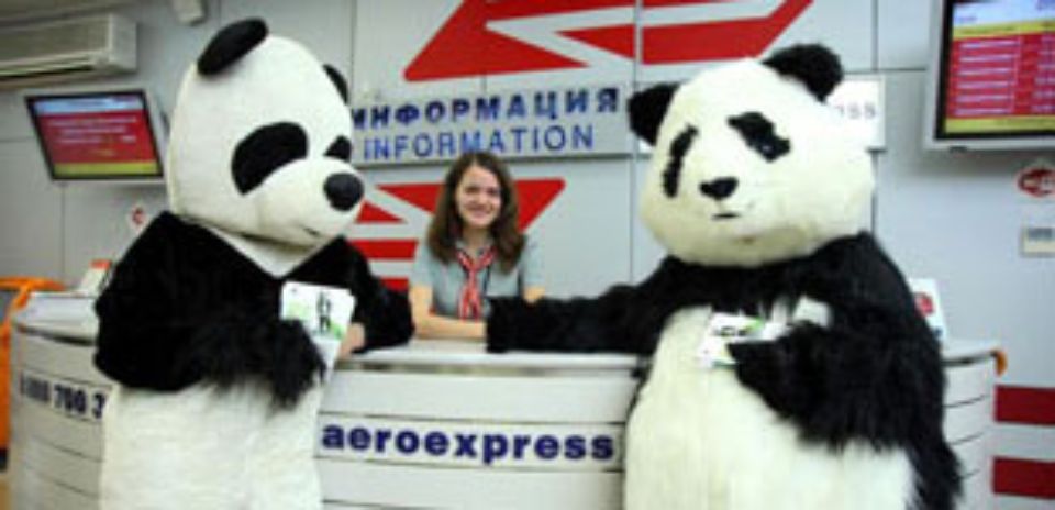 Costumed Pandas greeted passengers in the Aeroexpress Terminal